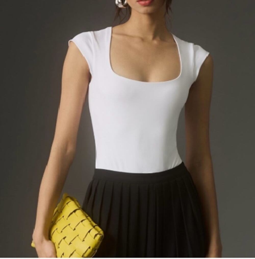 Anthropologie NWT Second Skin Sz L by RD Style Tiara Cap-Sleeve Bodysuit White